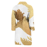 Golden Kanagawa Wave Print Men's Bathrobe