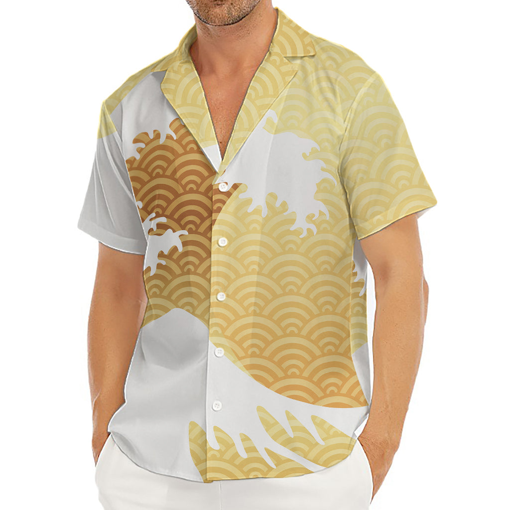 Golden Kanagawa Wave Print Men's Deep V-Neck Shirt
