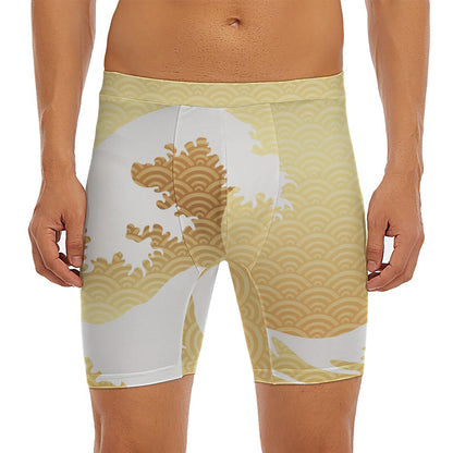 Golden Kanagawa Wave Print Men's Long Boxer Briefs