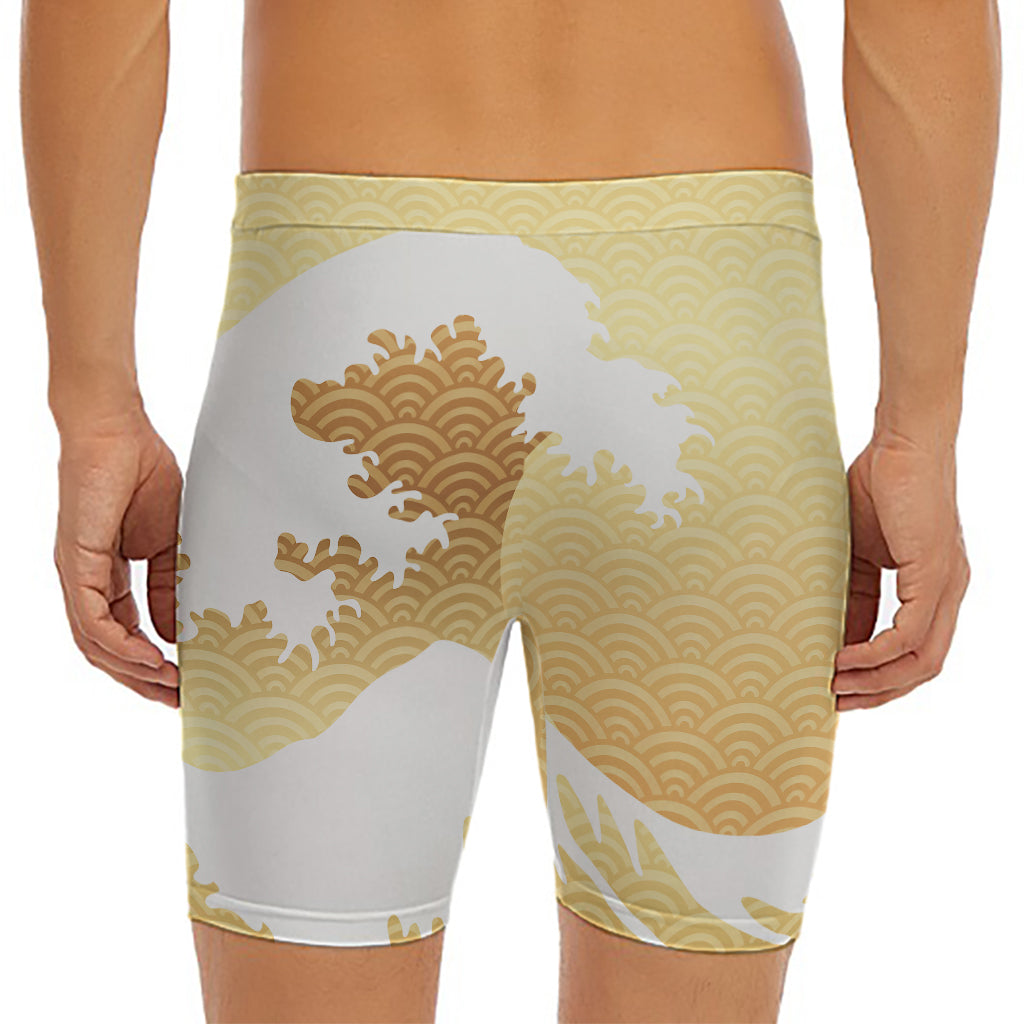 Golden Kanagawa Wave Print Men's Long Boxer Briefs