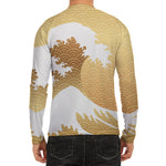 Golden Kanagawa Wave Print Men's Long Sleeve Rash Guard