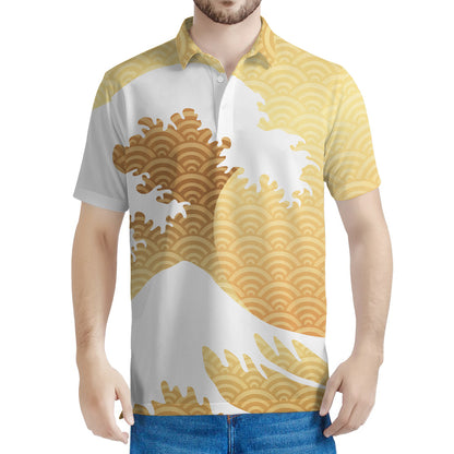 Golden Kanagawa Wave Print Men's Polo Shirt