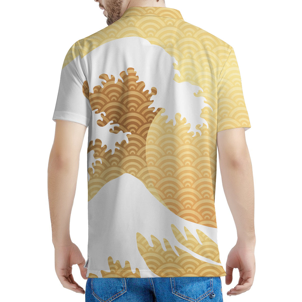 Golden Kanagawa Wave Print Men's Polo Shirt