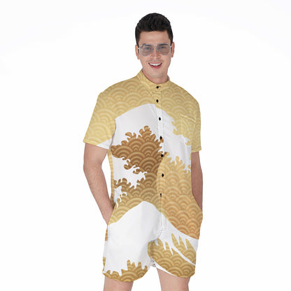 Golden Kanagawa Wave Print Men's Rompers