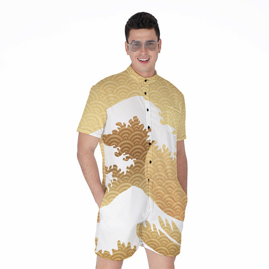 Golden Kanagawa Wave Print Men's Rompers