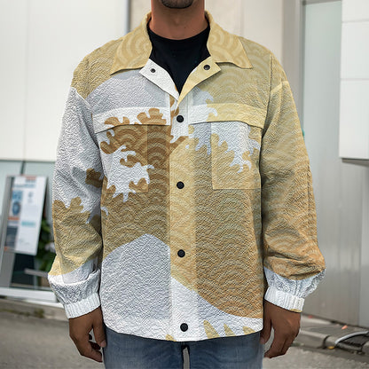 Golden Kanagawa Wave Print Men's Shirt Jacket