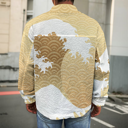 Golden Kanagawa Wave Print Men's Shirt Jacket