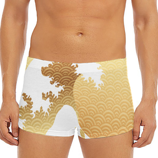 Golden Kanagawa Wave Print Men's Short Boxer Briefs