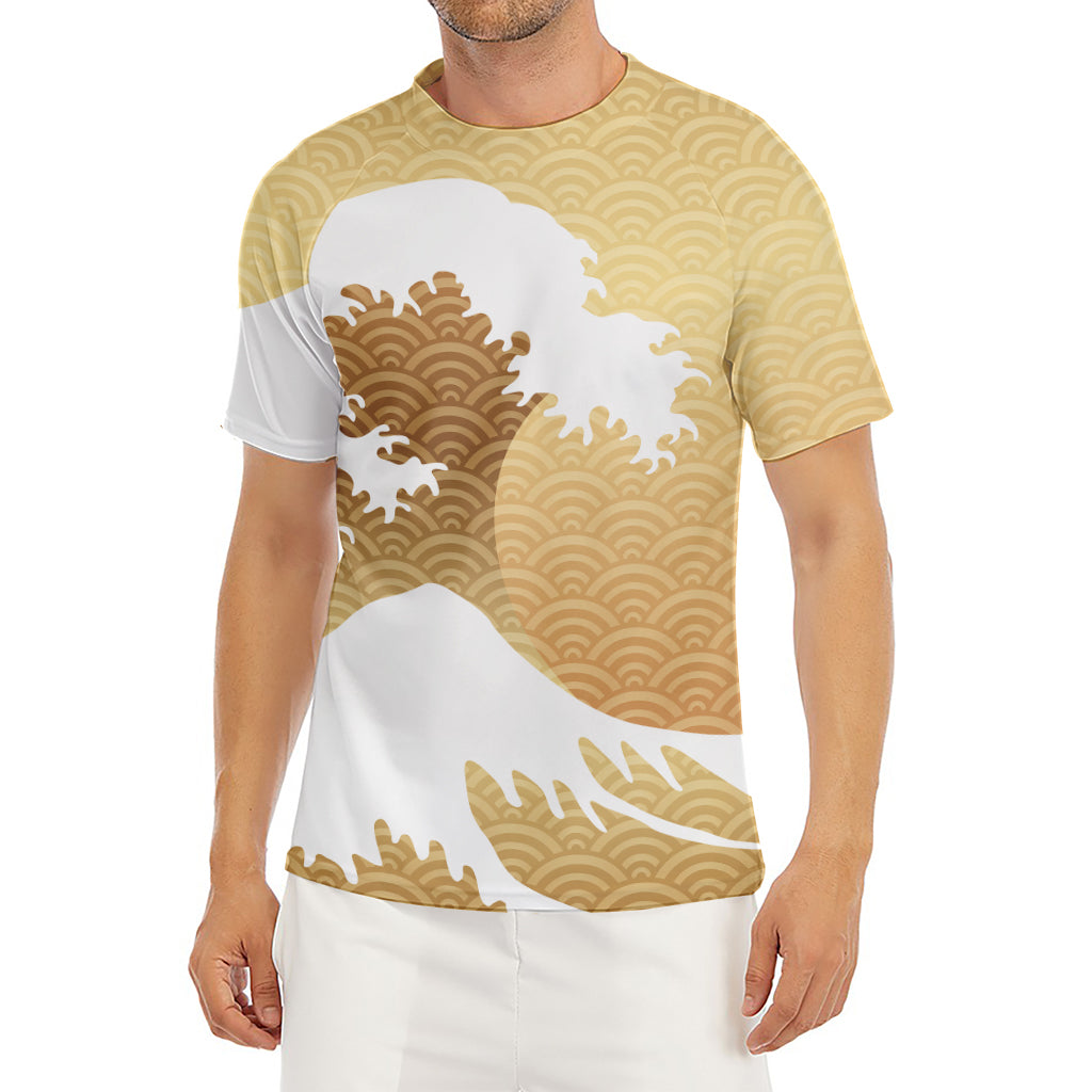 Golden Kanagawa Wave Print Men's Short Sleeve Rash Guard