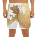 Golden Kanagawa Wave Print Men's Split Running Shorts