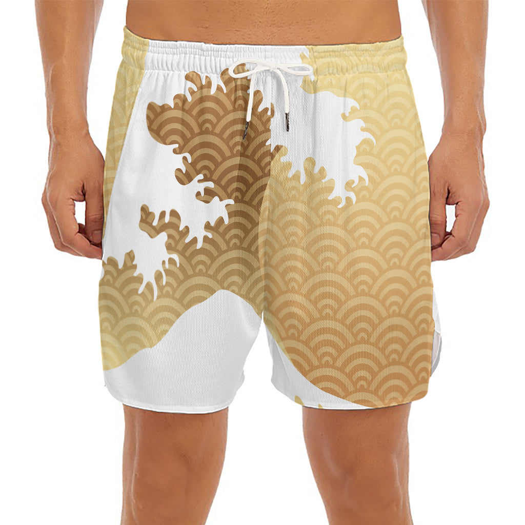 Golden Kanagawa Wave Print Men's Split Running Shorts