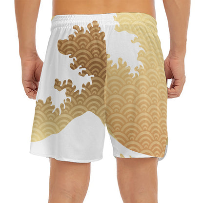 Golden Kanagawa Wave Print Men's Split Running Shorts