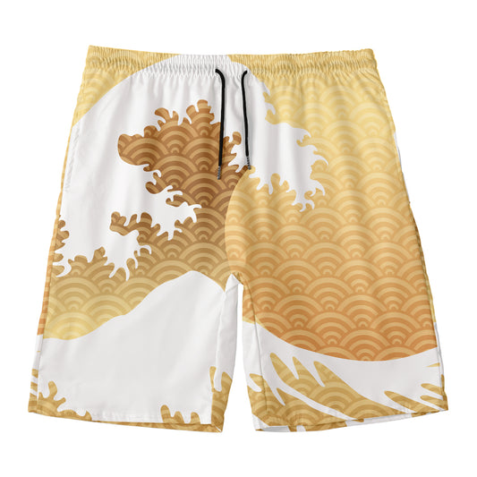 Golden Kanagawa Wave Print Men's Swim Trunks