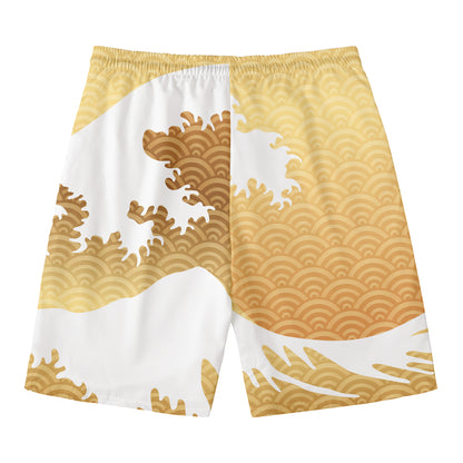 Golden Kanagawa Wave Print Men's Swim Trunks