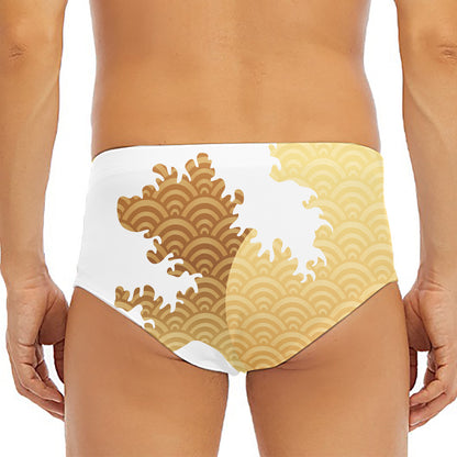 Golden Kanagawa Wave Print Men's Triangle Swim Briefs