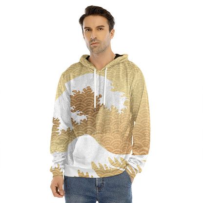 Golden Kanagawa Wave Print Men's Velvet Pullover Hoodie