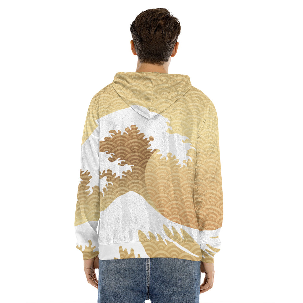 Golden Kanagawa Wave Print Men's Velvet Pullover Hoodie