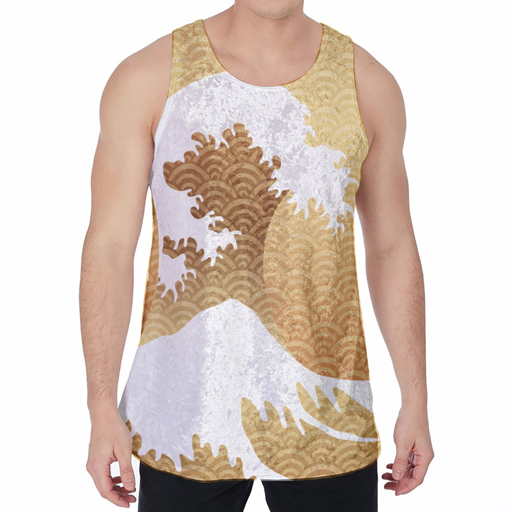 Golden Kanagawa Wave Print Men's Velvet Tank Top