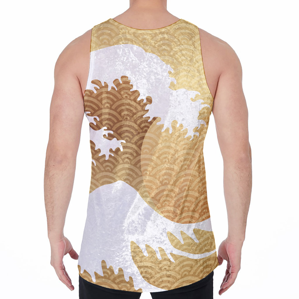 Golden Kanagawa Wave Print Men's Velvet Tank Top
