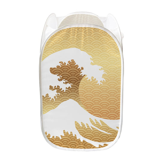 Golden Kanagawa Wave Print Mesh Laundry Hamper