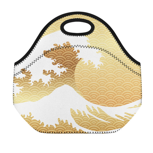 Golden Kanagawa Wave Print Neoprene Lunch Bag