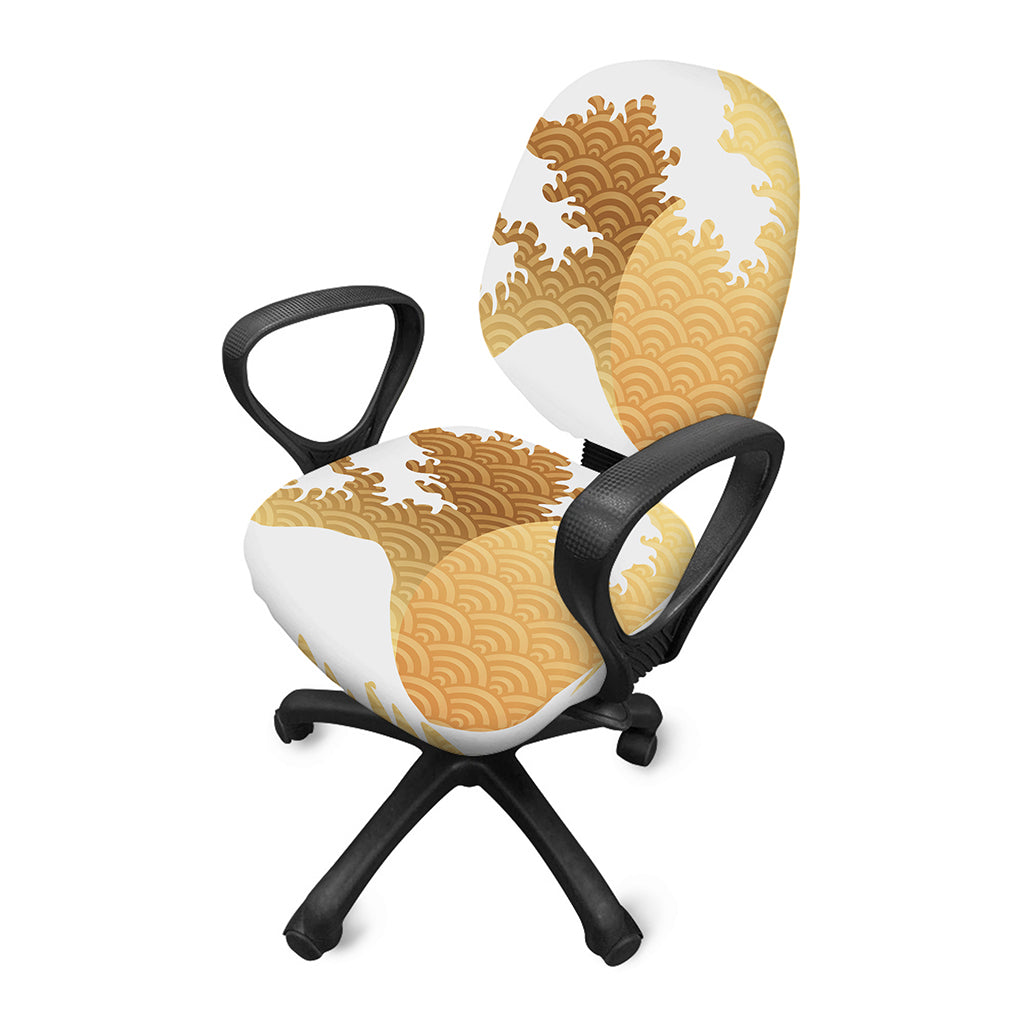 Golden Kanagawa Wave Print Office Chair Cover