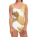 Golden Kanagawa Wave Print One Piece Swimsuit