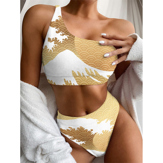 Golden Kanagawa Wave Print One Shoulder Bikini Top