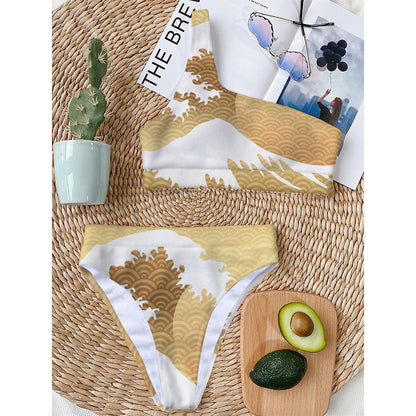 Golden Kanagawa Wave Print One Shoulder Bikini Top