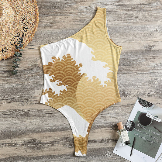 Golden Kanagawa Wave Print One Shoulder Bodysuit