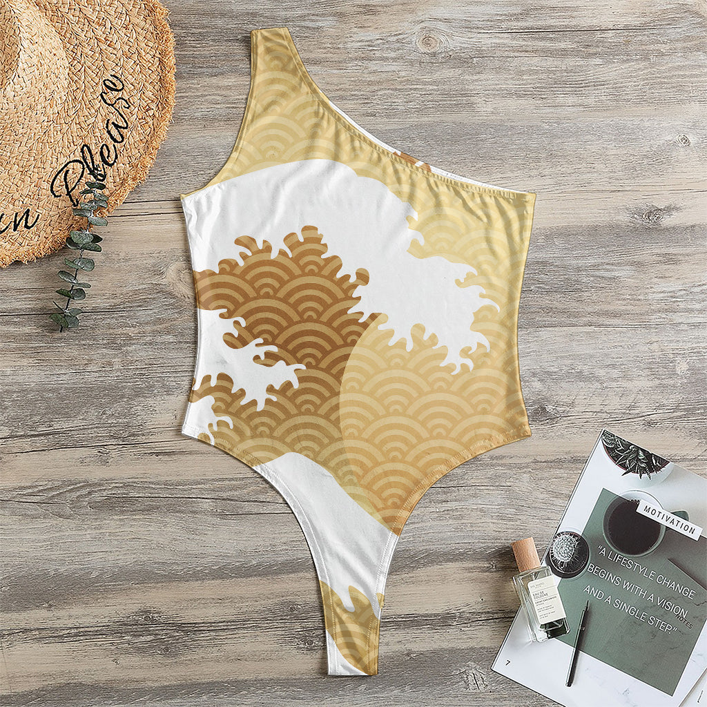 Golden Kanagawa Wave Print One Shoulder Bodysuit