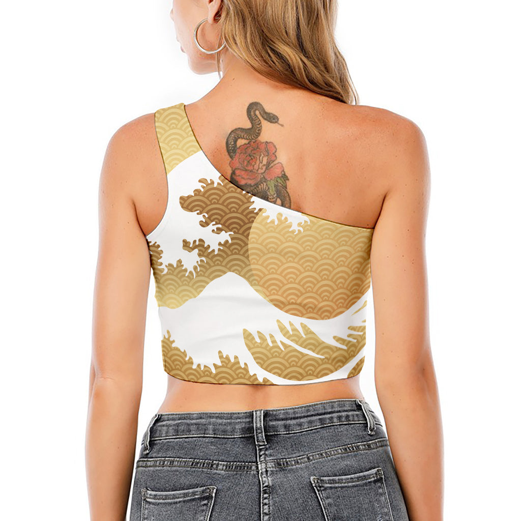 Golden Kanagawa Wave Print One Shoulder Crop Top