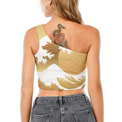 Golden Kanagawa Wave Print One Shoulder Crop Top