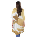 Golden Kanagawa Wave Print Open Front Beach Cover Up
