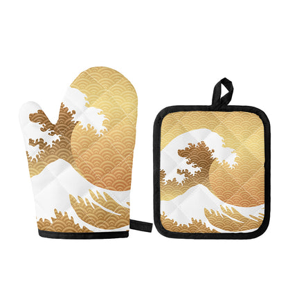 Golden Kanagawa Wave Print Oven Mitt And Pot Holder Set