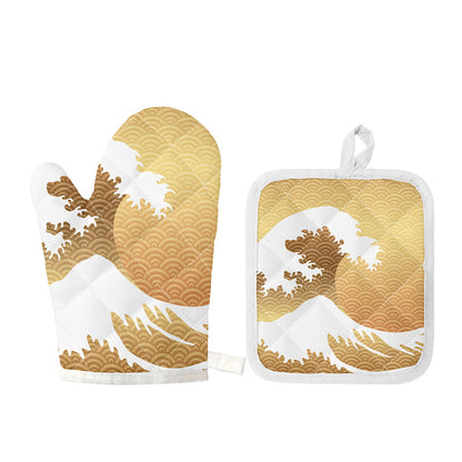 Golden Kanagawa Wave Print Oven Mitt And Pot Holder Set