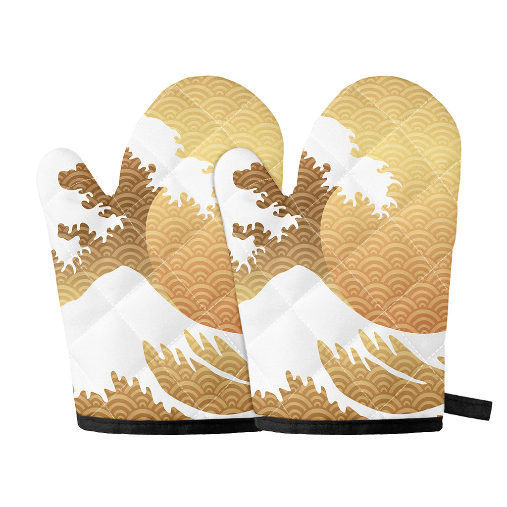 Golden Kanagawa Wave Print Oven Mitts