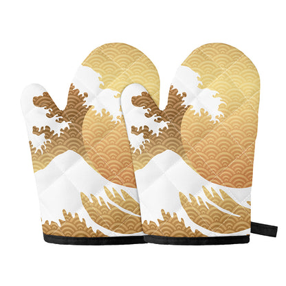 Golden Kanagawa Wave Print Oven Mitts