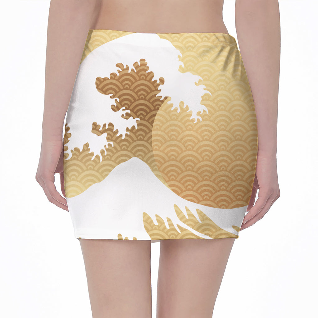Golden Kanagawa Wave Print Pencil Mini Skirt