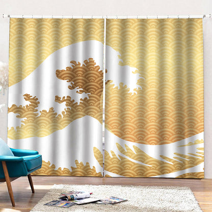 Golden Kanagawa Wave Print Pencil Pleat Curtains