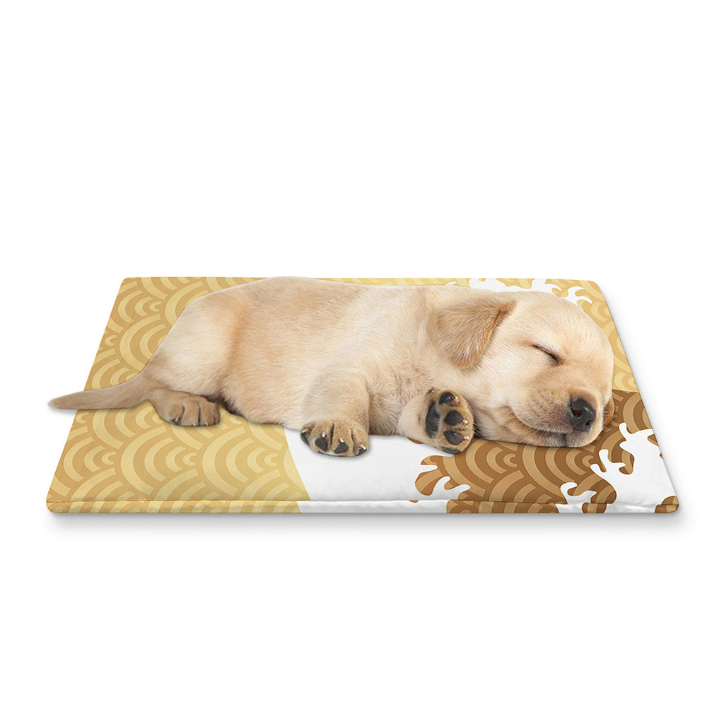 Golden Kanagawa Wave Print Pet Cooling Mat Cover