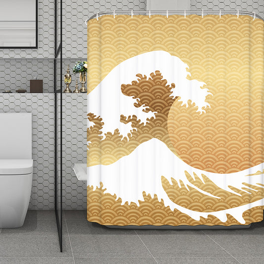 Golden Kanagawa Wave Print Polyester Shower Curtain