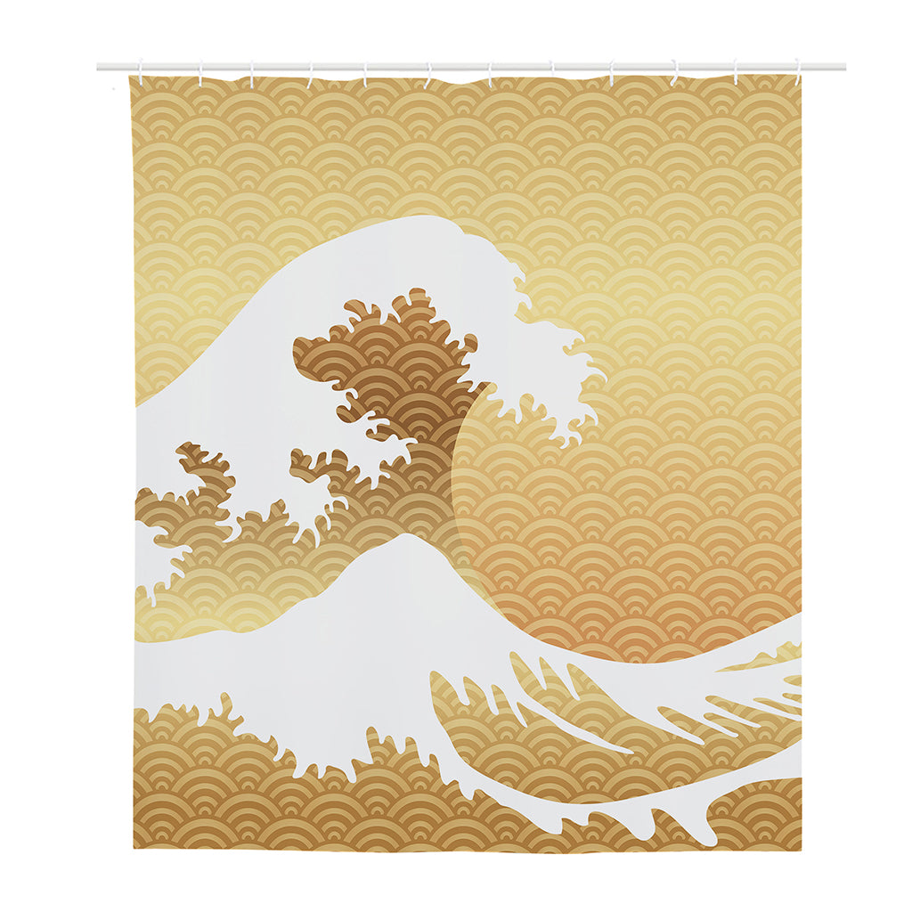 Golden Kanagawa Wave Print Polyester Shower Curtain