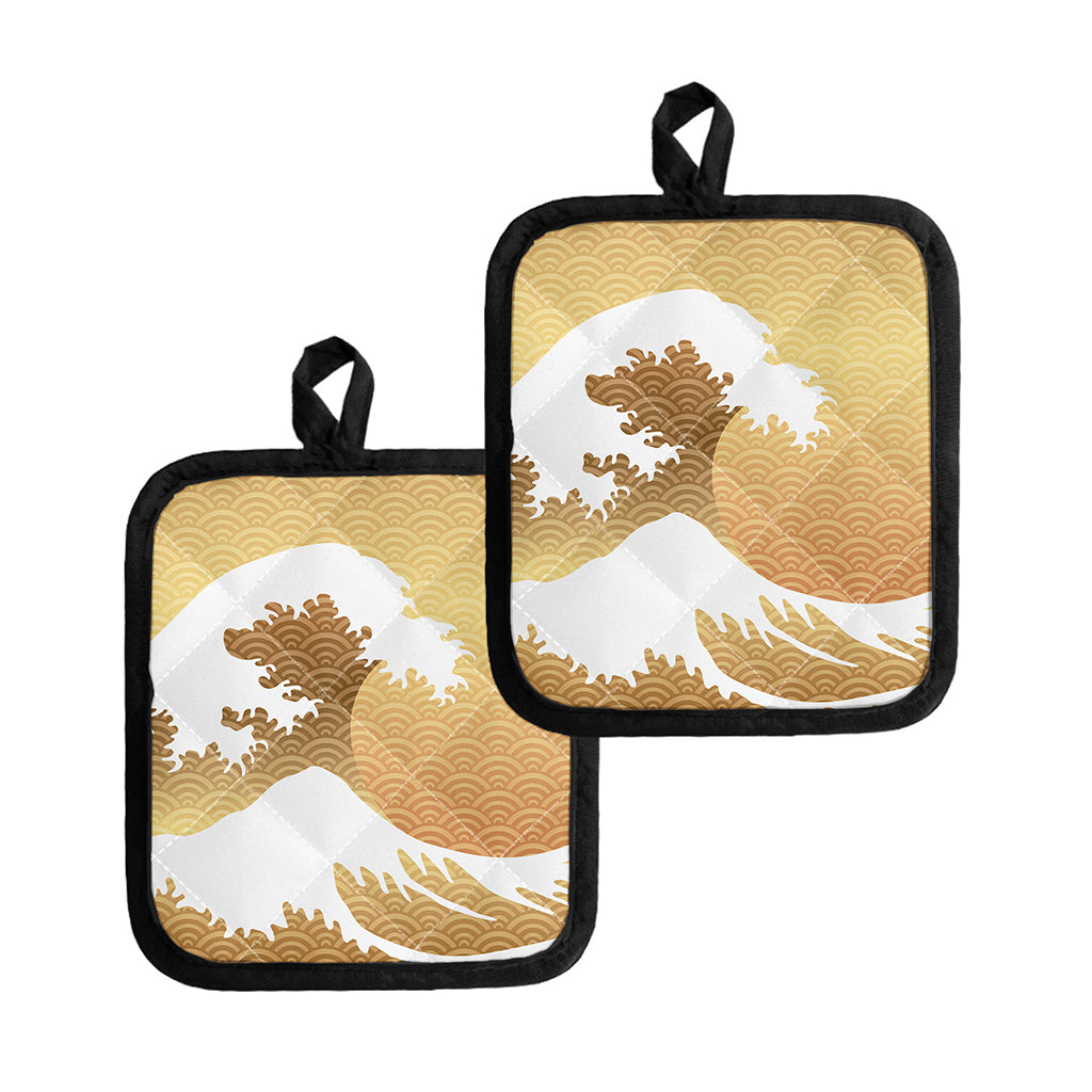Golden Kanagawa Wave Print Pot Holders