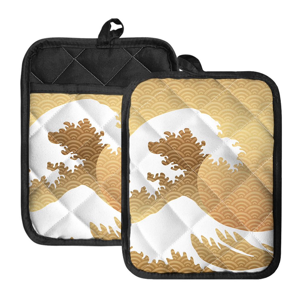 Golden Kanagawa Wave Print Pot Holders With Pocket
