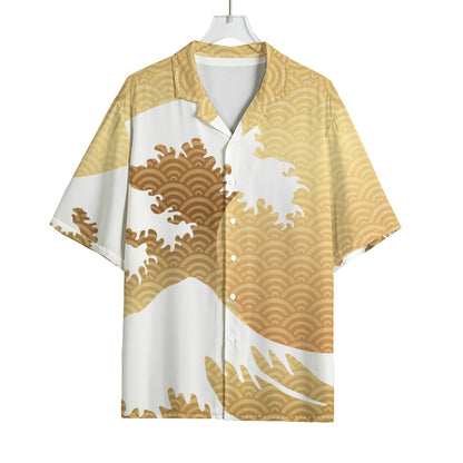 Golden Kanagawa Wave Print Rayon Hawaiian Shirt