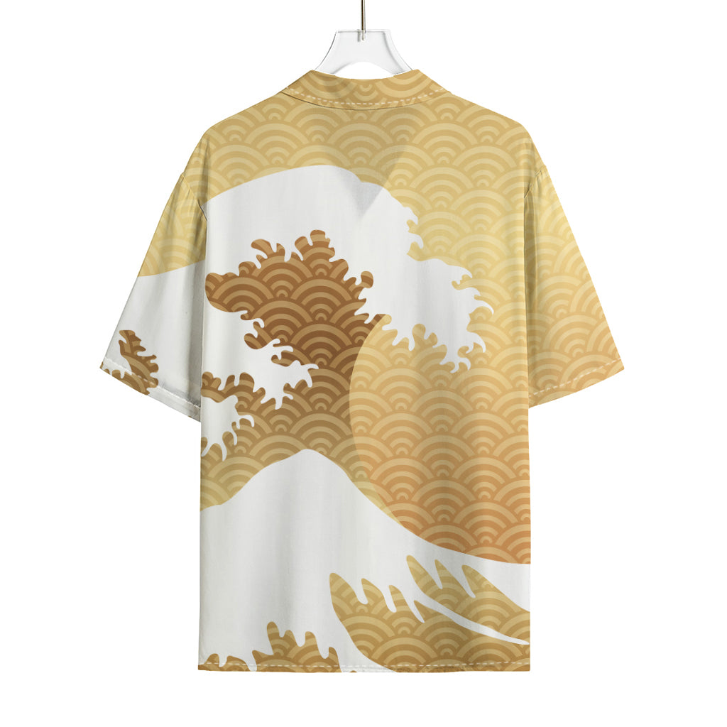 Golden Kanagawa Wave Print Rayon Hawaiian Shirt