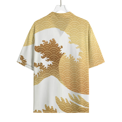 Golden Kanagawa Wave Print Rayon Hawaiian Shirt