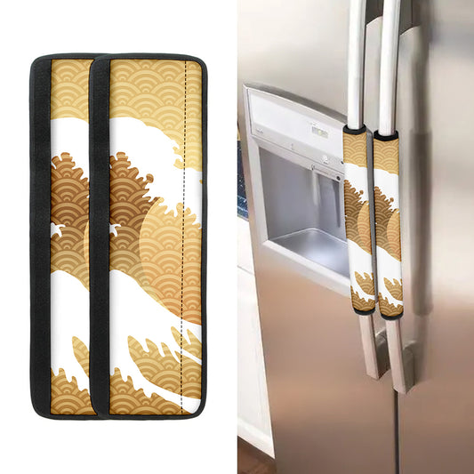 Golden Kanagawa Wave Print Refrigerator Handle Covers