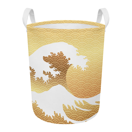Golden Kanagawa Wave Print Round Laundry Basket